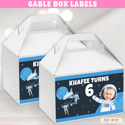 Personalized Outer Space Gable Box Label Stickers | Custom Astronaut Themed Party Box Sticker