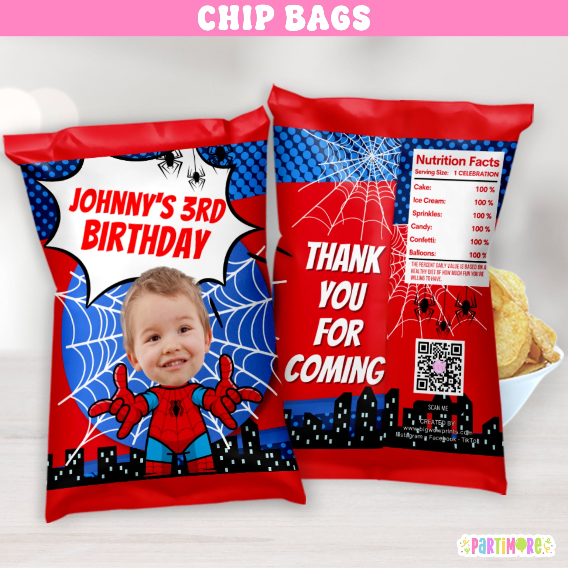 Custom city hero spider chip bag party favors, perfect for hero birthday decorations, web themed celebrations, and comic-style snack packaging for kids’ parties