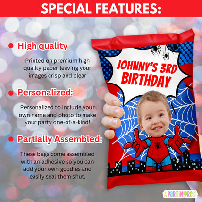 Custom Spider Superhero Chip Bag Wrappers | Personalized Comic Party Favors | Spider Web Birthday Decor