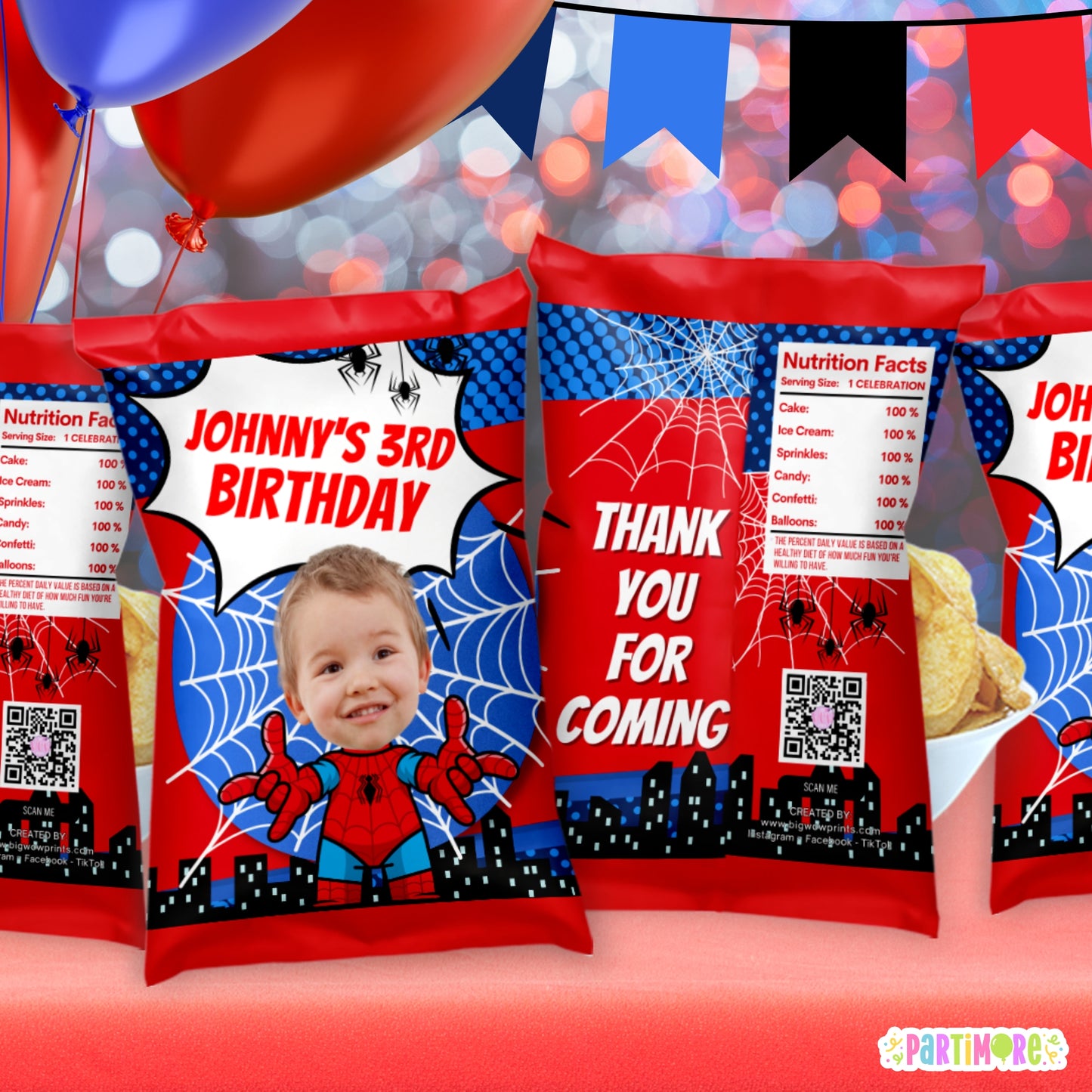 Custom Spider Superhero Chip Bag Wrappers | Personalized Comic Party Favors | Spider Web Birthday Decor