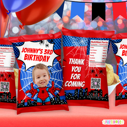 Custom Spider Superhero Chip Bag Wrappers | Personalized Comic Party Favors | Spider Web Birthday Decor