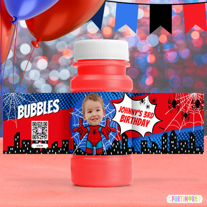 Custom Spider Superhero Bubble Bottle Labels | Personalized Spider Web Party Favors