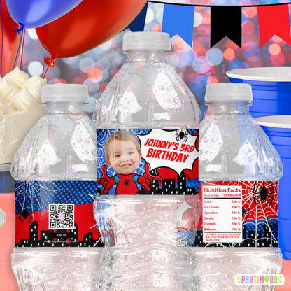 Personalized Spider Superhero Water Bottle Labels | Spider Web Birthday Party Favors | Comic Supplies