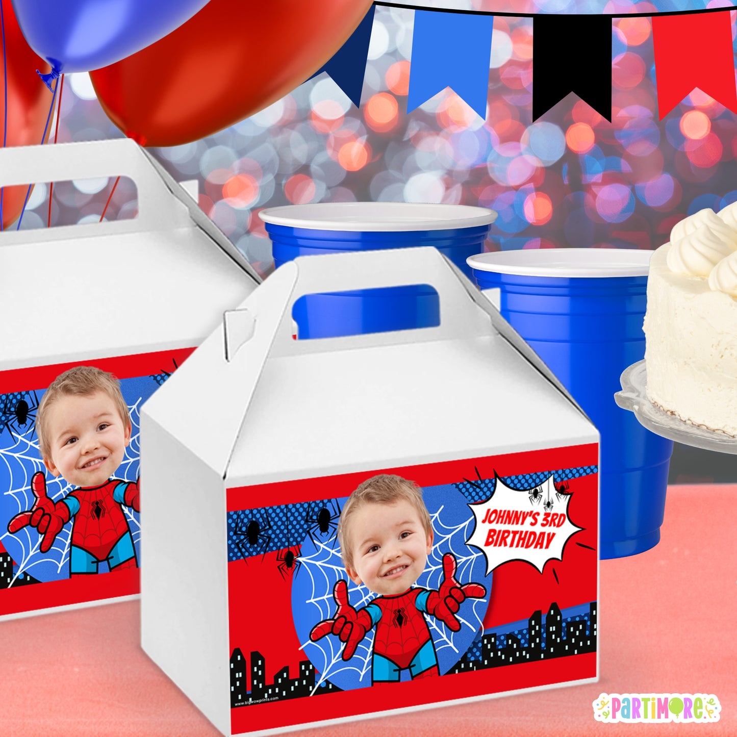 Custom Spider Hero Gable Box Labels | Personalized Boys Spiderweb Birthday Party Favors