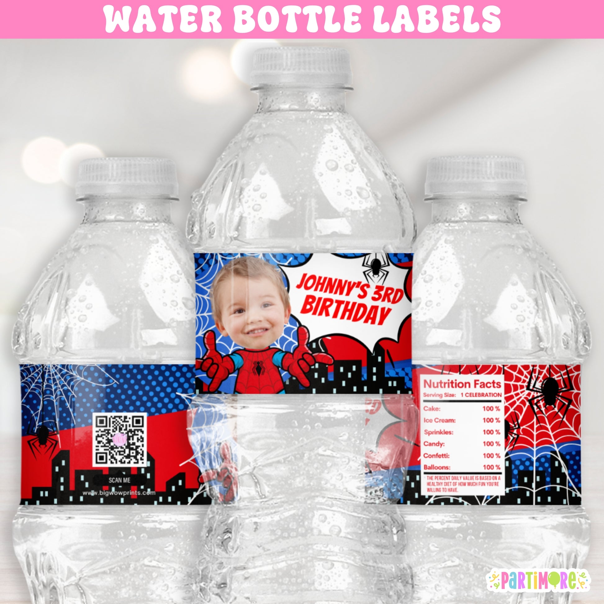 Personalized spider hero water bottle labels with city skyline design, ideal for comic hero birthday parties, web-themed celebrations, and kids’ superhero decorations