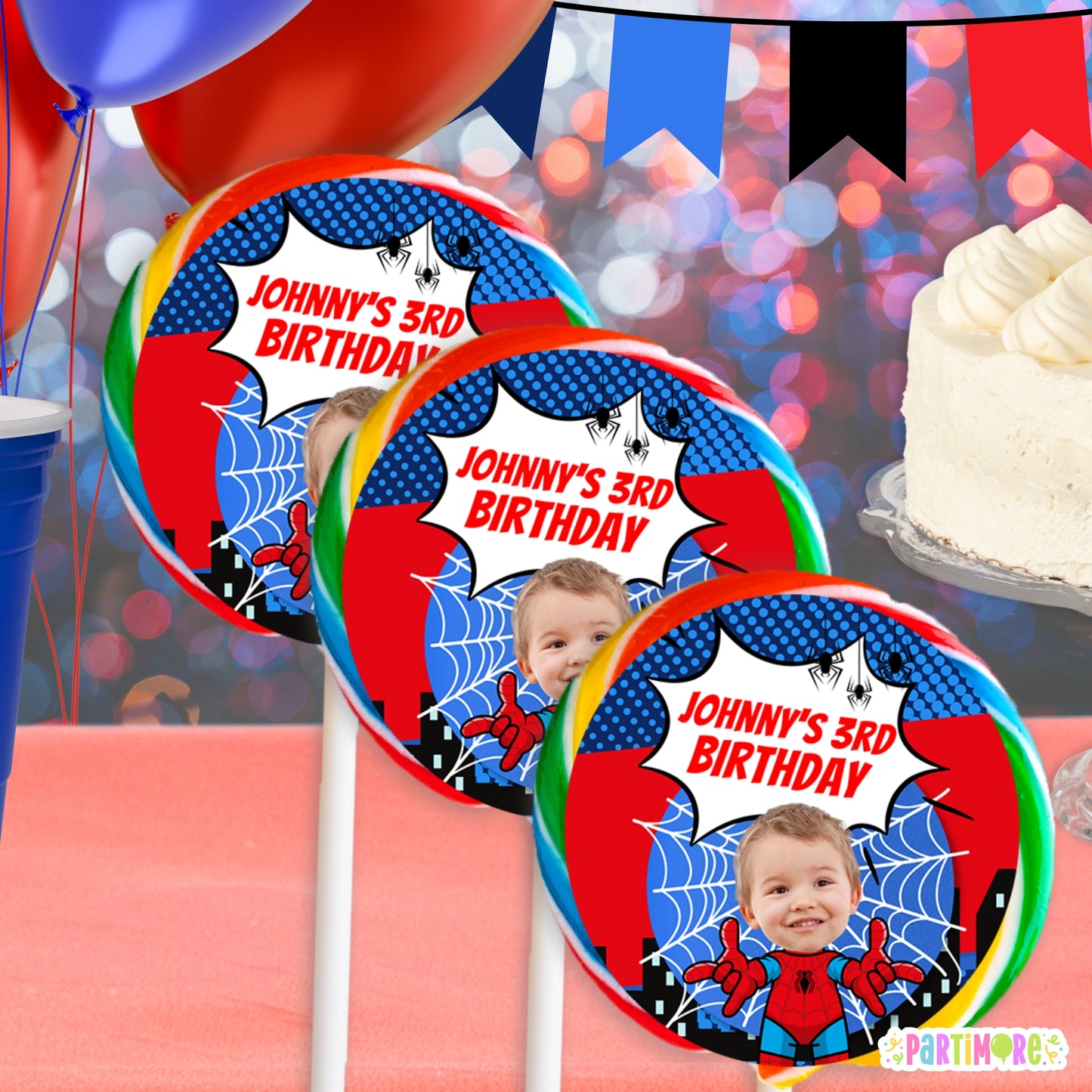 Custom Spider Superhero Lollipop Label Stickers | Personalized Round Birthday Stickers | Boys Spiderweb Party Favors