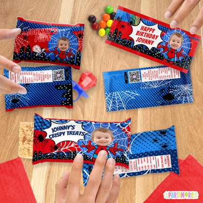 Custom Spider Hero Candy Wrappers | Personalized Spider Webs Birthday Decorations | Superhero Party Favors
