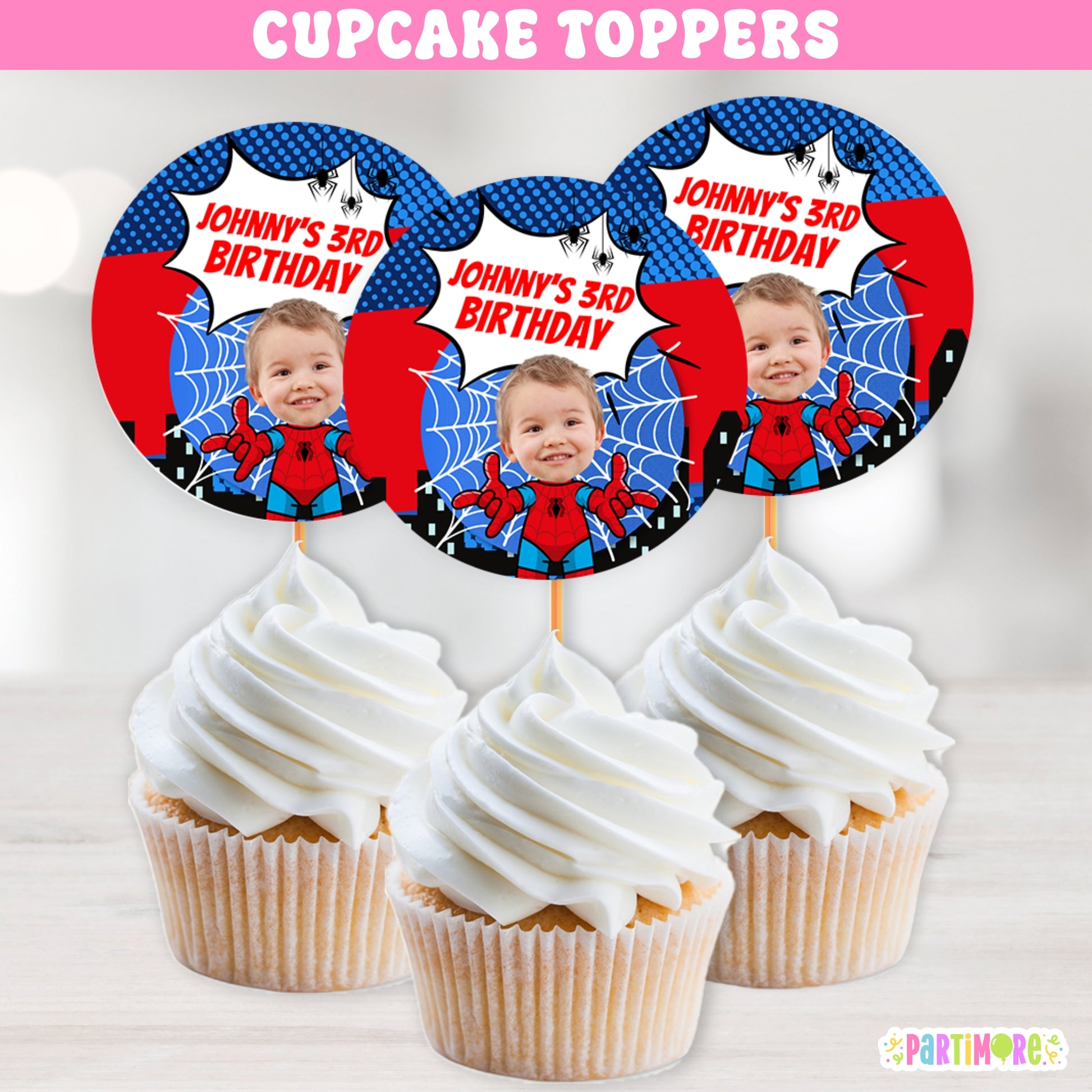 Spider hero kid web themed cupcake toppers with city skyline design, perfect for comic book birthday decorations, boys’ and girls’ superhero parties, and dessert table deco