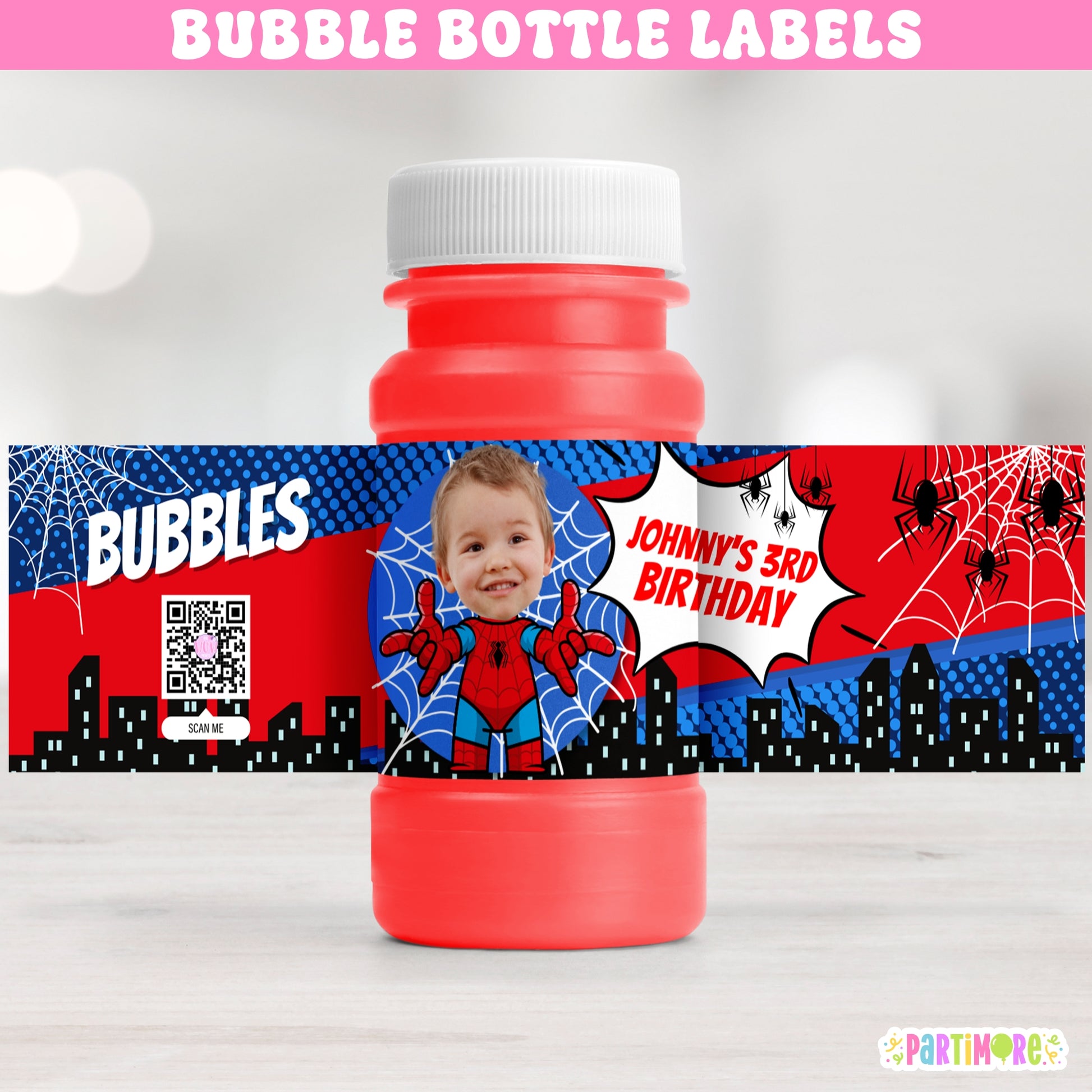 Custom superhero city hero bubble bottle labels for boys and girls, perfect for web themed birthday party favors, comic book style decorations, and fun outdoor activities