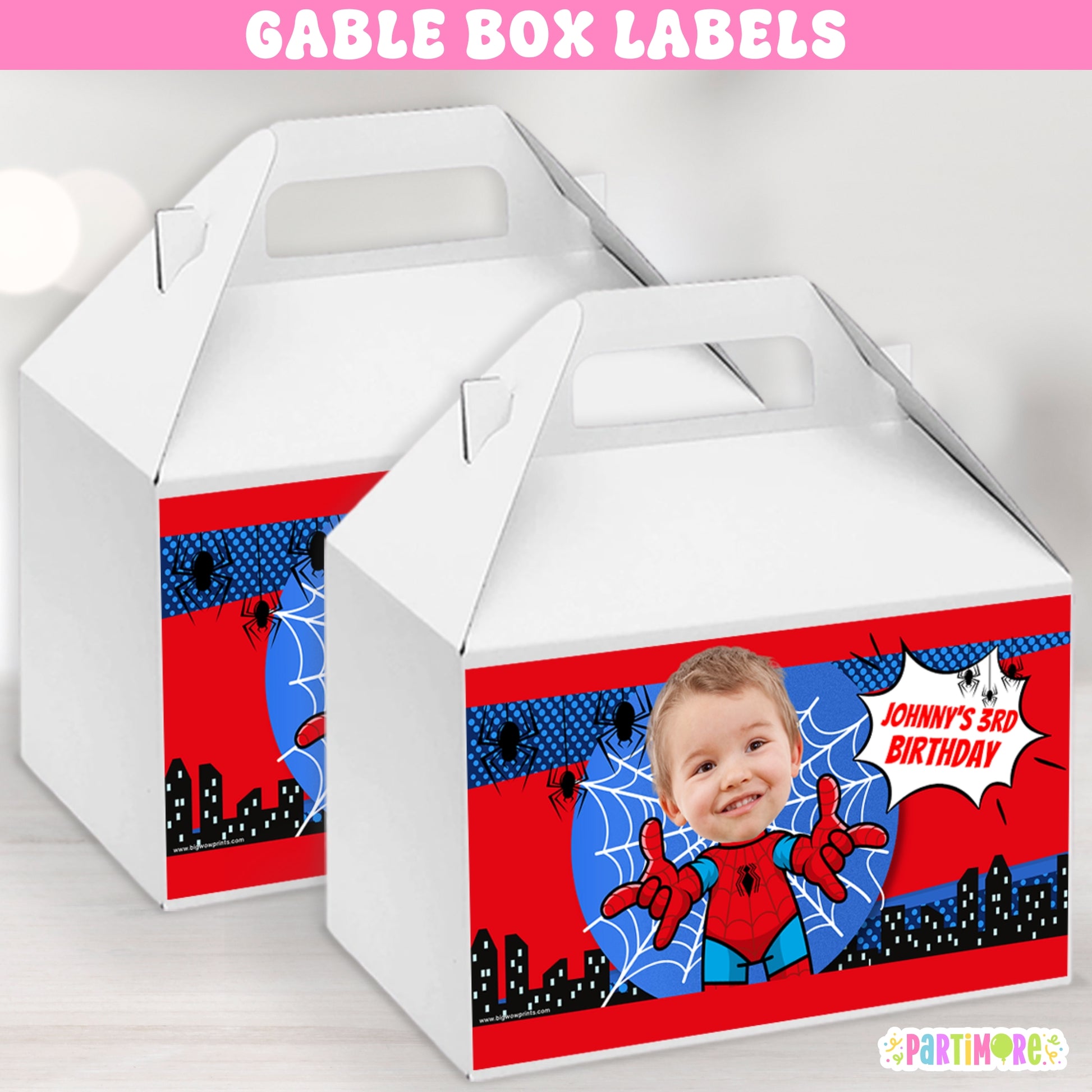 Custom spider hero gable box labels with city skyline and web inspired style, perfect for birthday party favor boxes, comic hero decorations, and kids’ party supplies
