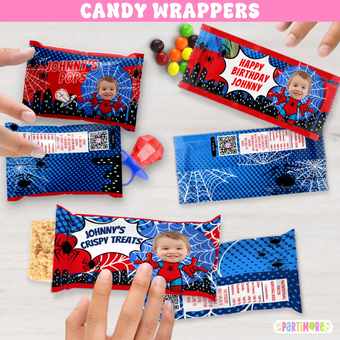 Personalized superhero candy bar wrappers with web themed city hero design, perfect for comic book birthday parties, kids’ superhero celebrations, and sweet table favors