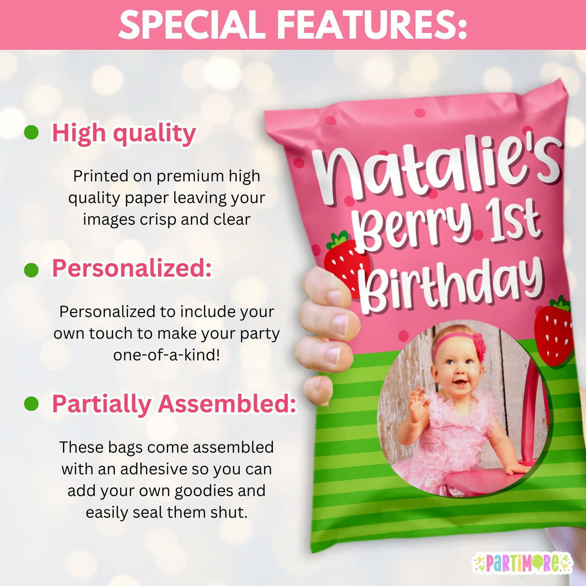 Personalized Strawberry Chip Bags – Berry First Birthday Party Favors, Set of 12