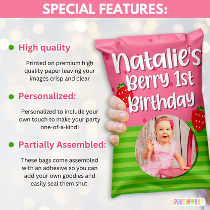 Personalized Strawberry Chip Bags – Berry First Birthday Party Favors, Set of 12