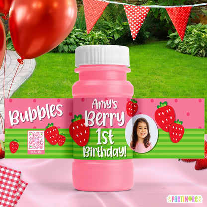 Personalized Strawberry Bubble Bottle Labels – Berry First Birthday Party Favors, Set of 12