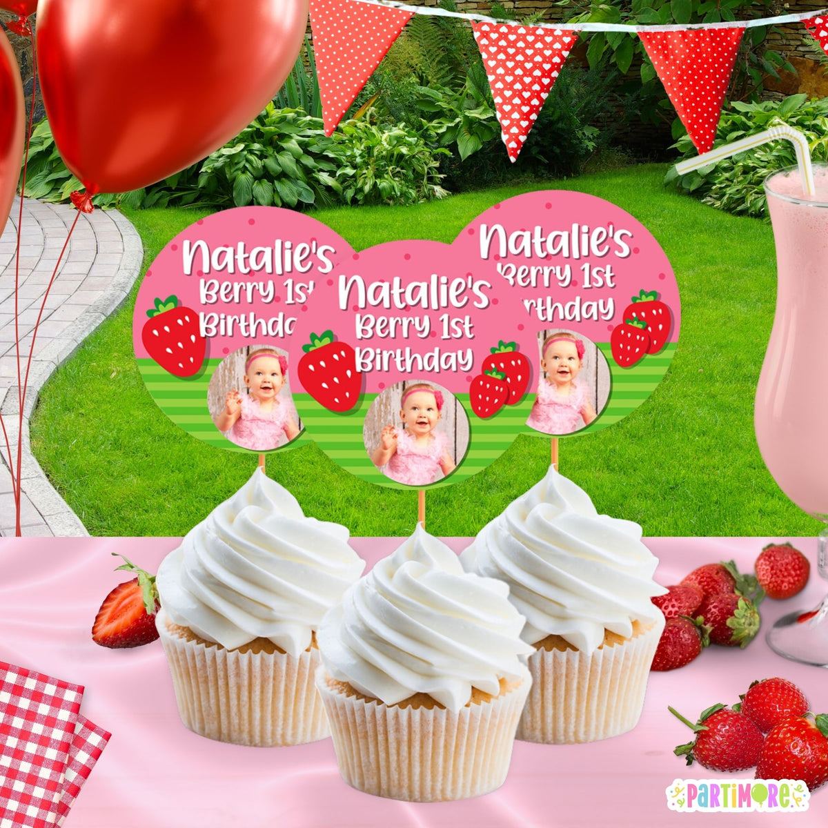 Personalized Strawberry Cupcake Toppers – Berry First Birthday Decorations, Set of 12