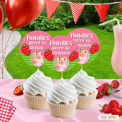 Personalized Strawberry Cupcake Toppers – Berry First Birthday Decorations, Set of 12