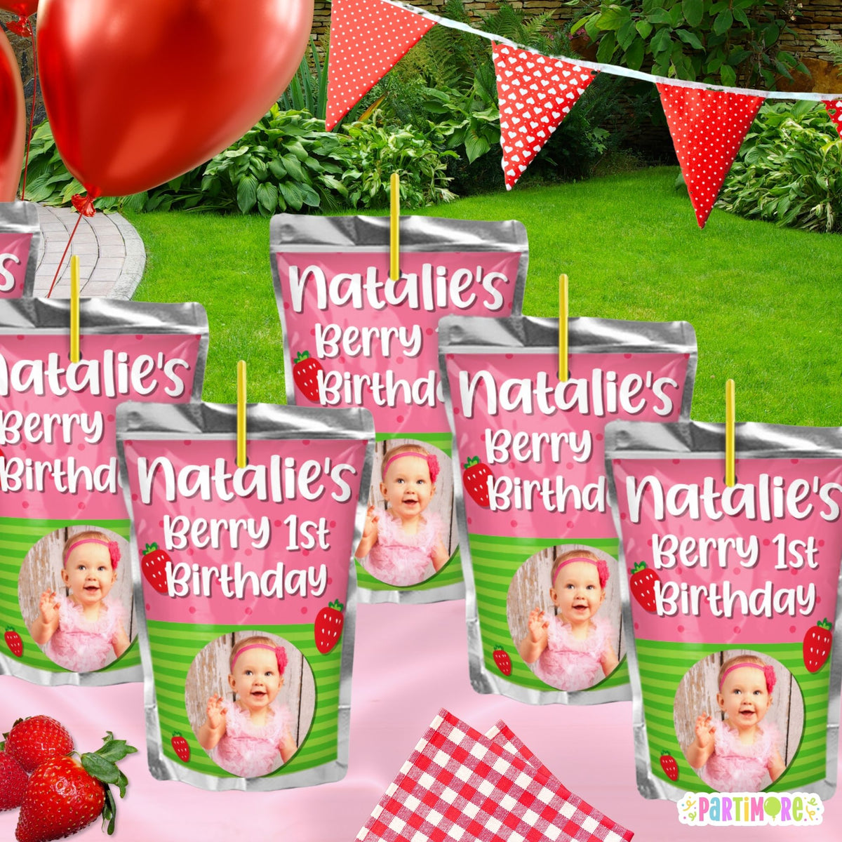 Personalized Strawberry Juice Pouch Labels – Berry First Birthday Party Favors, Set of 12