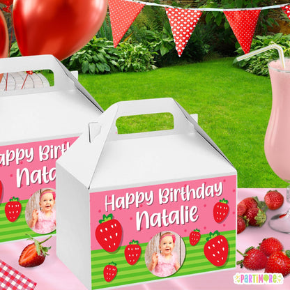 Personalized Strawberry Gable Box Labels – Berry First Birthday Party Favors, Set of 12