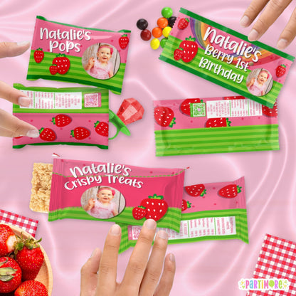 Strawberry Candy Wrappers – Berry First Birthday Party Favor Bags, Set of 12