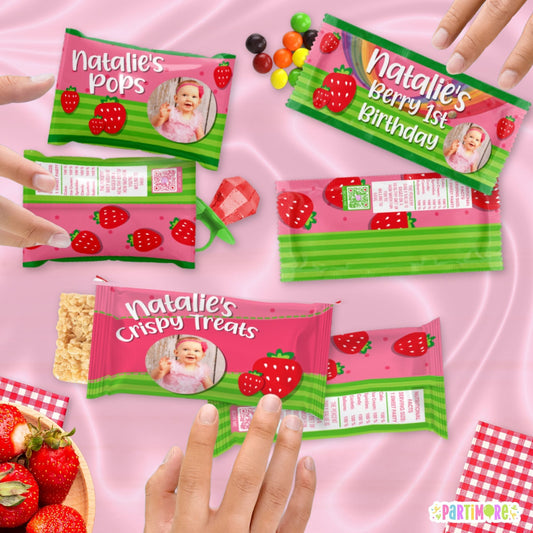 Strawberry Candy Wrappers – Berry First Birthday Party Favor Bags, Set of 12