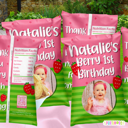 Strawberry Birthday Chip Bag Party Favors | Berry Sweet Cute Custom Snack Wrappers