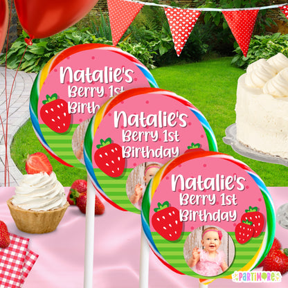 Strawberry Lollipop Stickers | Berry First Birthday Party Favors