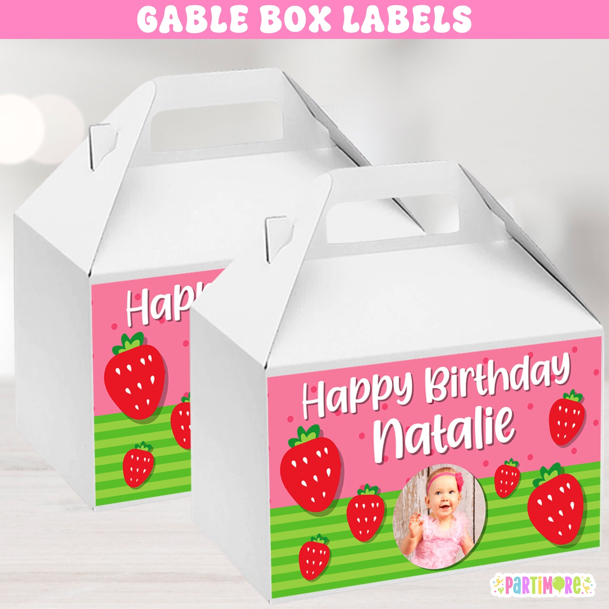 Berry fun strawberry gable box labels for birthday favors, personalized with child's name and age, red and pink fruit party theme