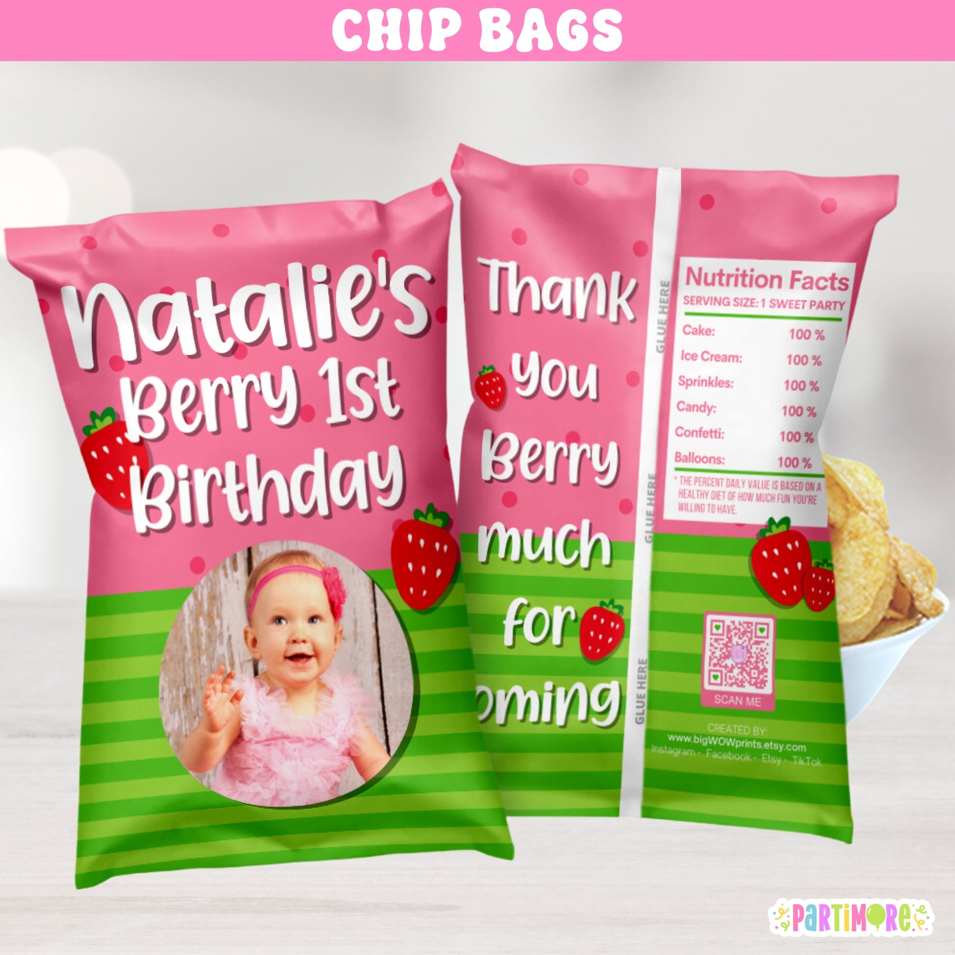Berry sweet strawberry birthday chip bag party favors with red gingham design, custom name and age, perfect for summer celebrations