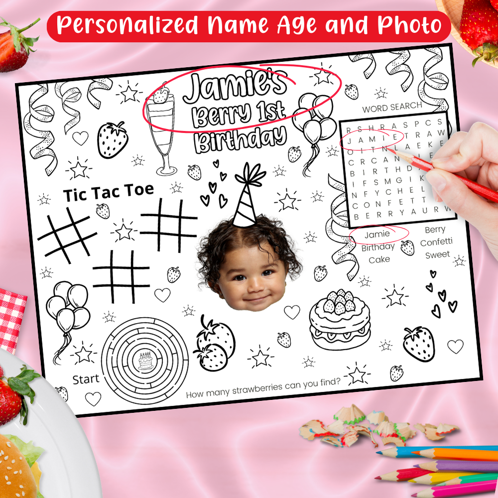Personalized Strawberry Coloring Placemats – Berry First Birthday Party Activity, Set of 12
