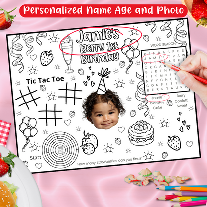 Personalized Strawberry Coloring Placemats – Berry First Birthday Party Activity, Set of 12