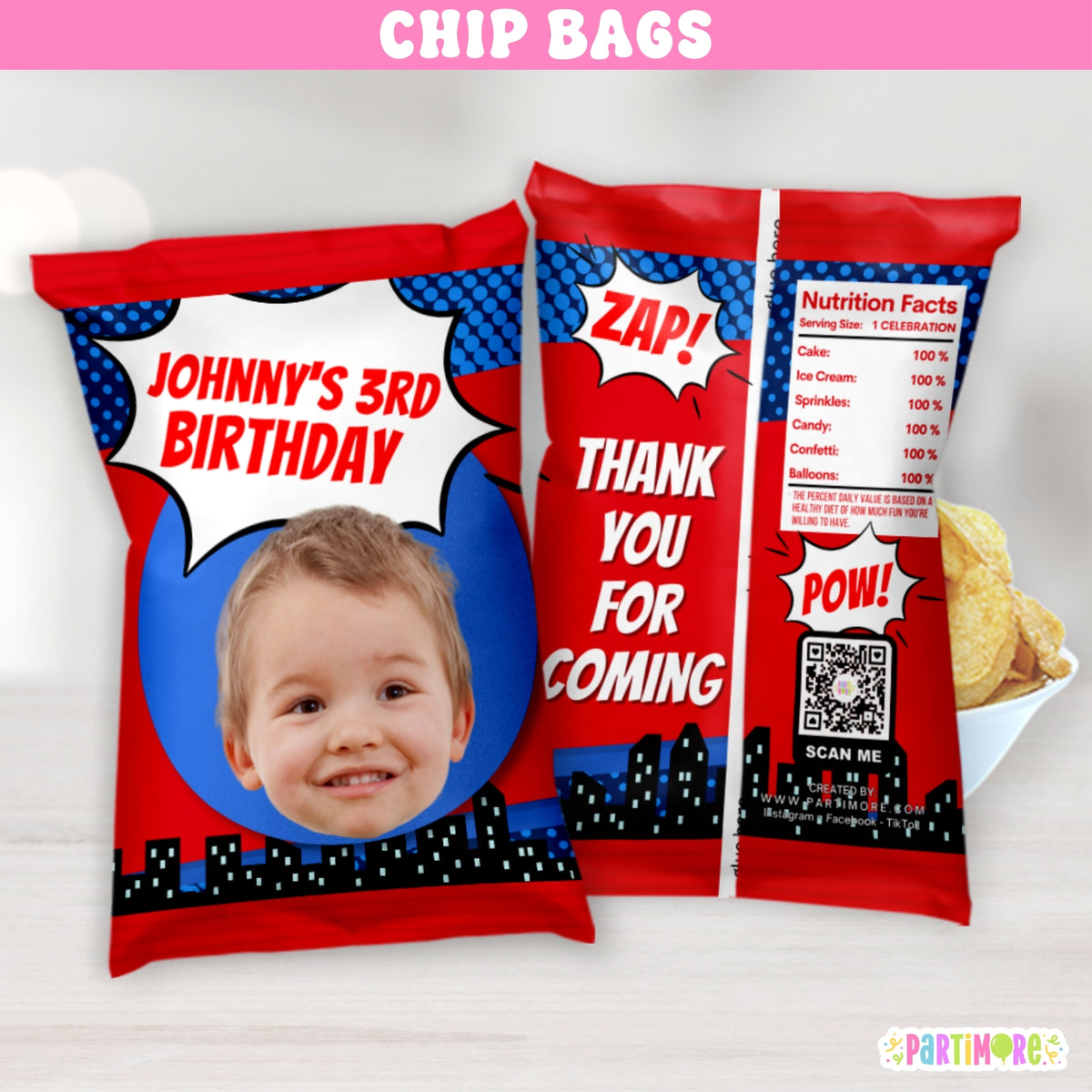 Custom comic style chip bag party favors, perfect for your little hero's birthday decorations and comic themed snack packaging for kids’ parties