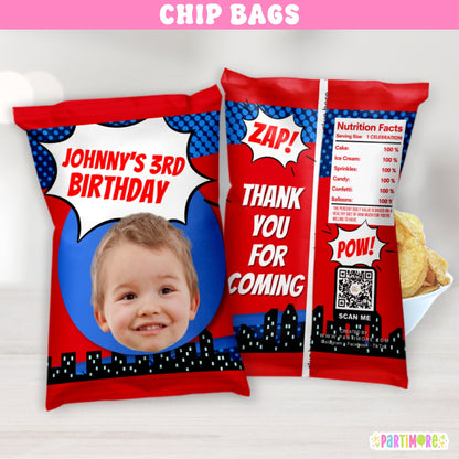 Custom comic style chip bag party favors, perfect for your little hero's birthday decorations and comic themed snack packaging for kids’ parties