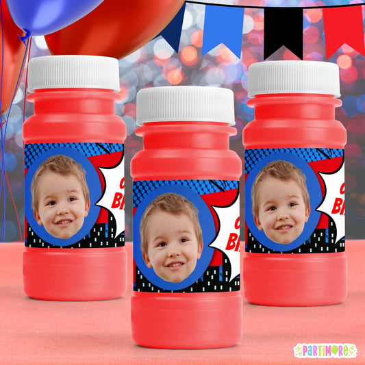 Custom Comic Themed Bubble Bottle Labels | Personalized Boys Red and Blue Party Favors