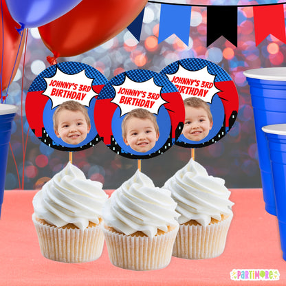 Personalized Comic Style Cupcake Toppers | Custom Boys Red and Blue Birthday Party Favors and Decor