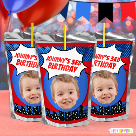 Personalized Comic Juice Pouch Labels | Custom Boys Blue and Red Birthday Party Decorations