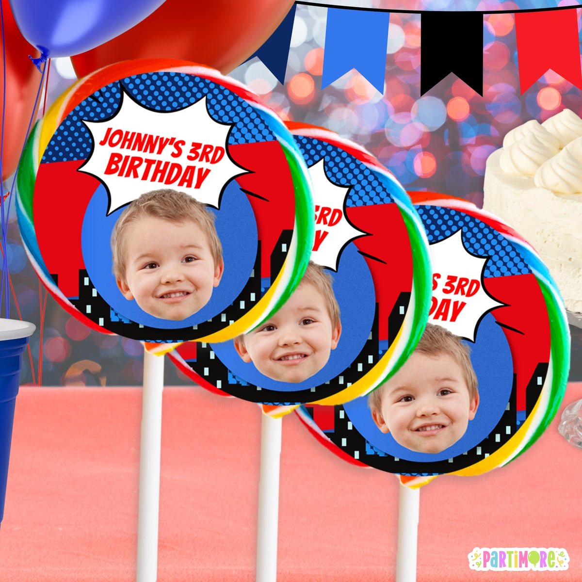 Custom Red and Blue Comic Style Party Favors | Personalized Round Birthday Stickers