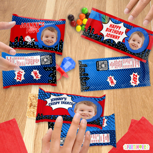 Custom Comic Party Favor Candy Wrappers | Personalized Red and Blue Birthday Decorations | Kids Party Favors