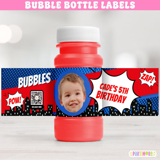 Custom comic style bubble bottle label party favors, perfect for your little hero's birthday decorations, comic style themed celebrations and goodie bags for kids’ parties