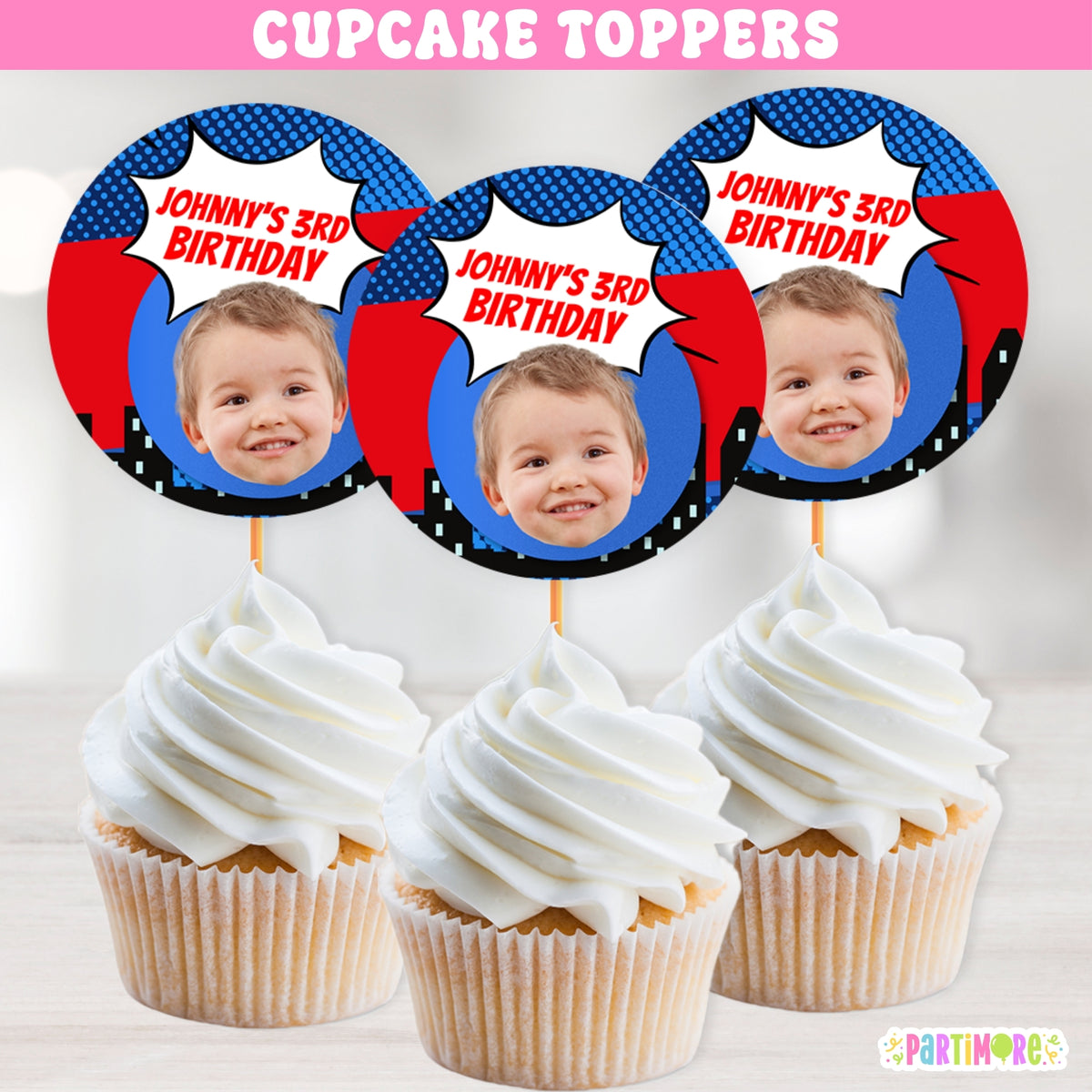 Boys red and blue comic themed cupcake toppers with city skyline design, perfect for comic book birthday decorations, boys’ and girls’ parties, and dessert table deco