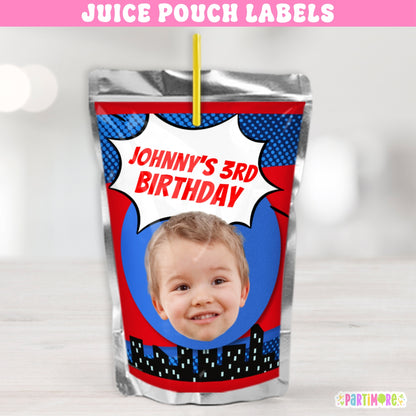Personalized comic theme juice pouch labels with bold city design, great for boy themed birthday party favors, little hero decorations, and kids’ drink station setup