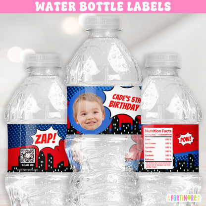 Personalized comic style water bottle labels with city skyline design, ideal for a little hero's birthday party