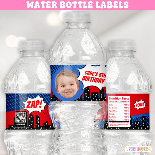 Personalized comic style water bottle labels with city skyline design, ideal for a little hero's birthday party