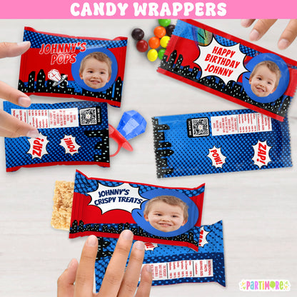 Personalized comic themed candy bar wrappers with city design, perfect for comic book birthday parties, kids’ hero celebrations, and sweet table favors