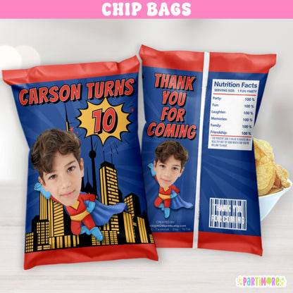 Personalized Flying Superhero Chip Bags | Custom Kids Comic Themed Birthday Party Favors Snack Bags