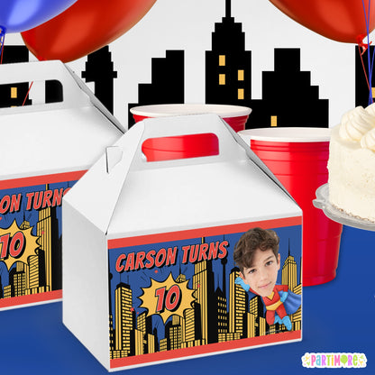Flying Superhero Gable Box Labels | Personalized Comic Favor Stickers