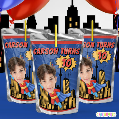 Custom Flying Superhero Juice Labels | Personalized Birthday Drink Stickers