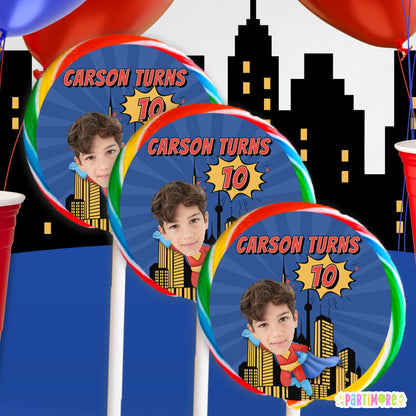 Personalized Flying Superhero Lollipop Round Stickers | Custom Comic Party Labels