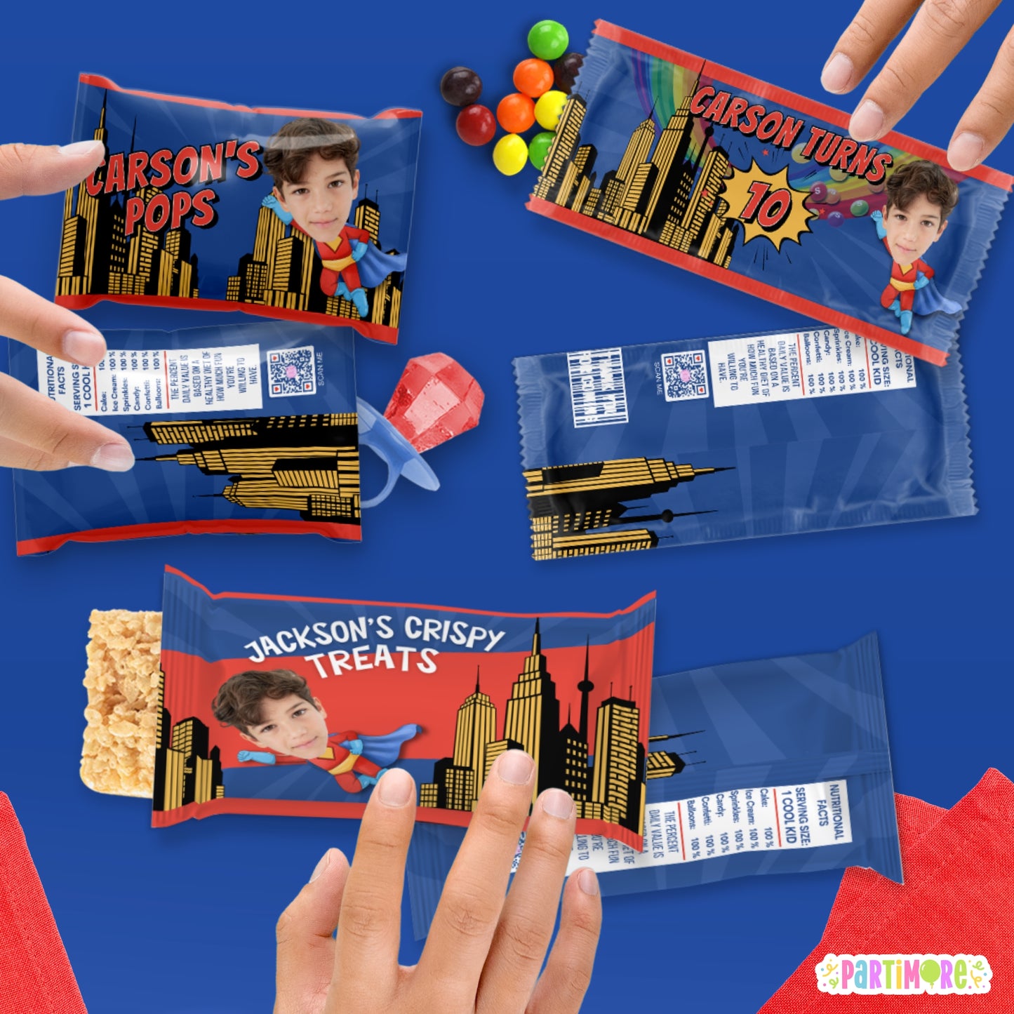 Custom Flying Super Hero Candy Wrappers | Personalized Birthday Favors