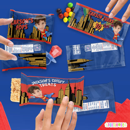 Custom Flying Super Hero Candy Wrappers | Personalized Birthday Favors