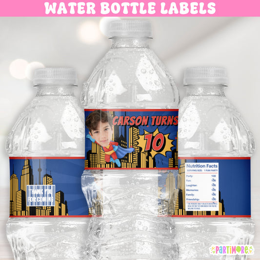 Flying Superhero Water Bottle Labels | Personalized Comic Party Stickers